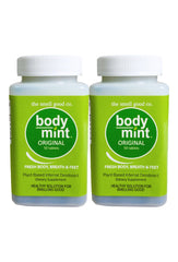 BodyMint bottle close-up shows a minty formula for daily freshness.