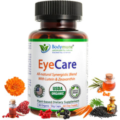 Bodymune Advanced EyeCare bottle front showing organic certification and safety
