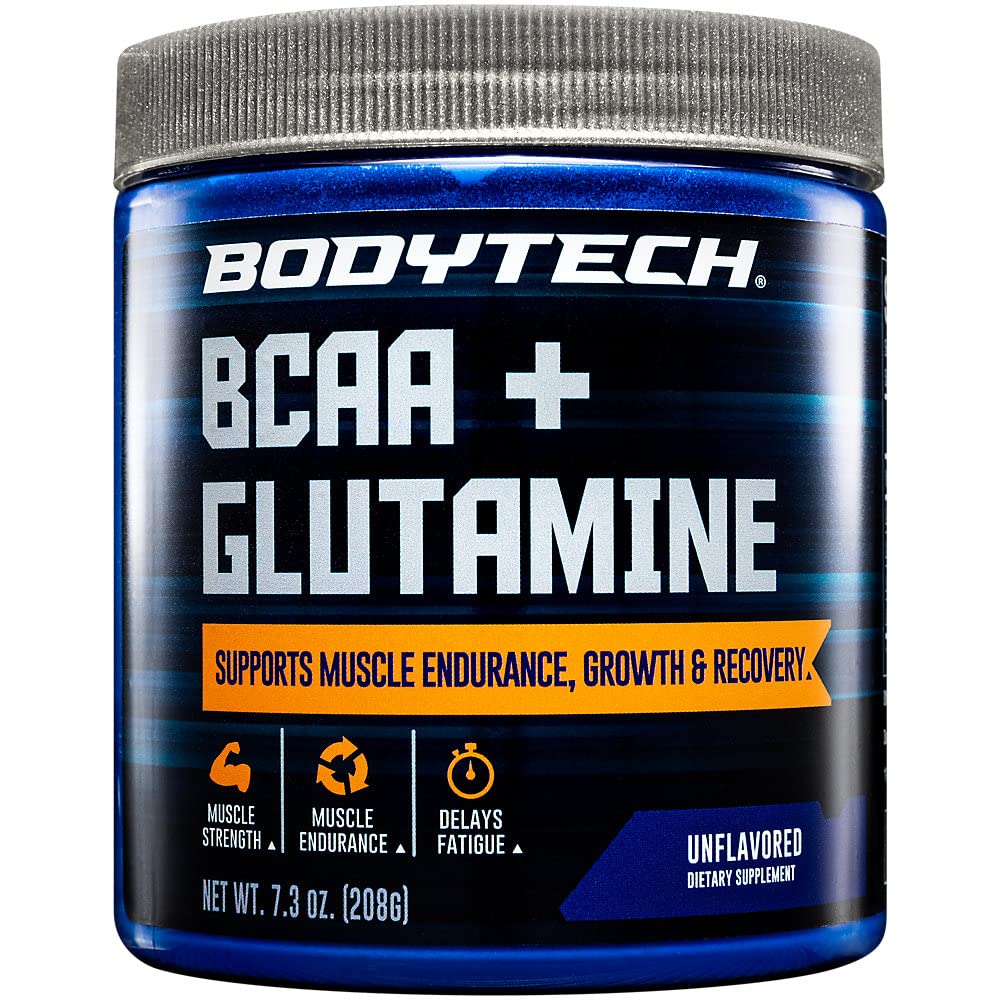 BODYTECH BCAA + Glutamine Powder bottle with scoop supports post-workout recovery.