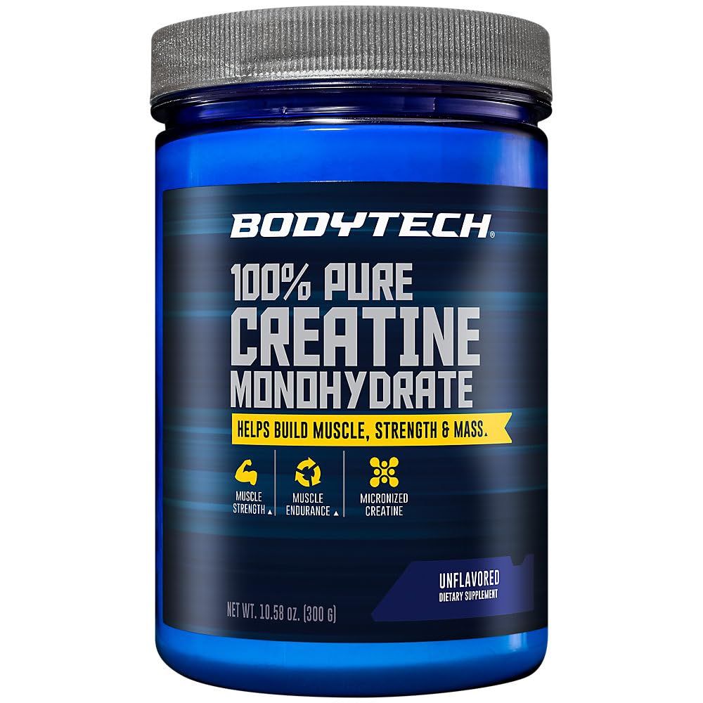 BODYTECH Creatine monohydrate powder tub with micronized texture for quick mixing.