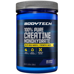BODYTECH Creatine monohydrate powder tub with micronized texture for quick mixing.