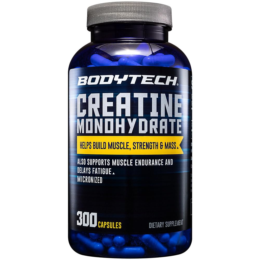 BodyTech Creatine Monohydrate capsules bottle front view for muscle support during workouts