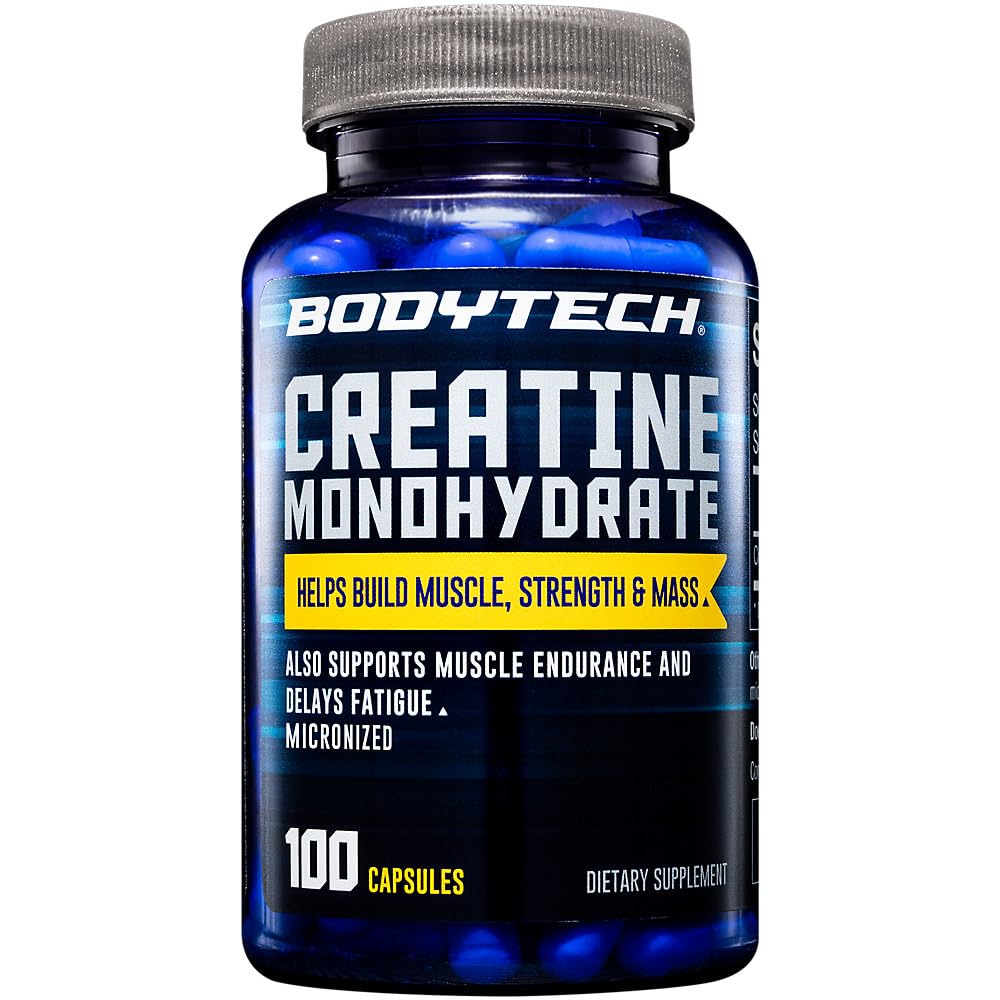 BodyTech Creatine Monohydrate capsules bottle boosts energy for high-intensity training.