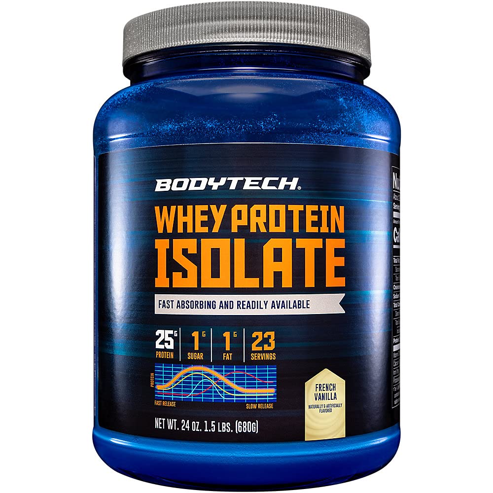 BodyTech Whey Protein Isolate bottle showing 25g protein per serving for post-workout support