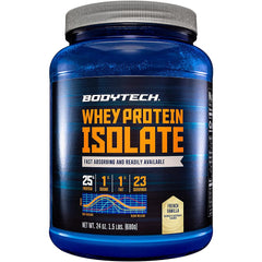 BodyTech Whey Protein Isolate bottle showing 25g protein per serving for post-workout support