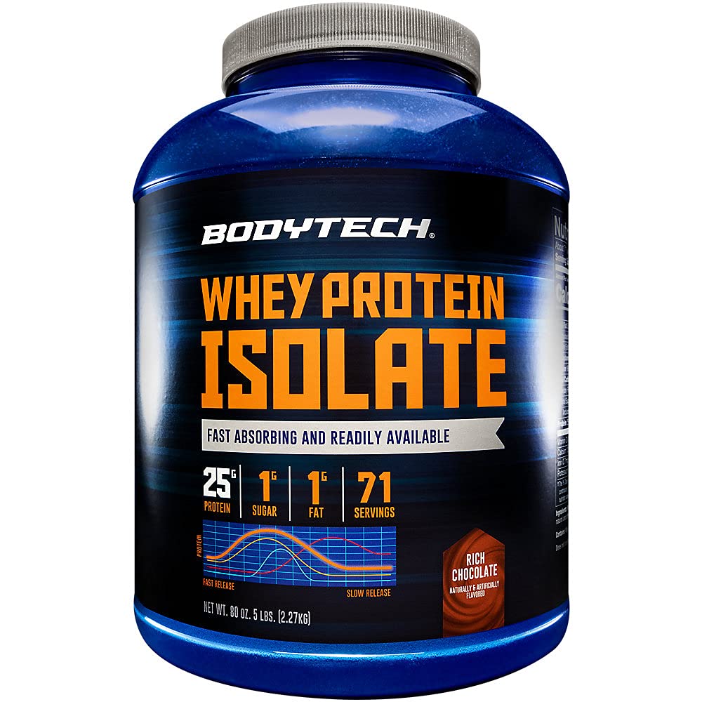 BodyTech Whey Protein Isolate Chocolate jar showing premium protein for muscle support