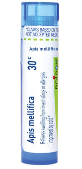 Boiron Apis Mellifica 30C pellets ready to melt under the tongue for quick, portable use.
