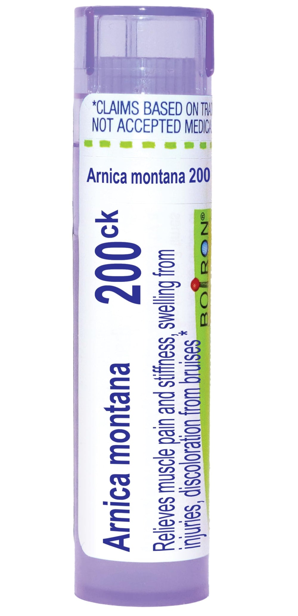 Boiron Arnica Montana 200ck pellets in a dispensing tube for on-the-go relief.
