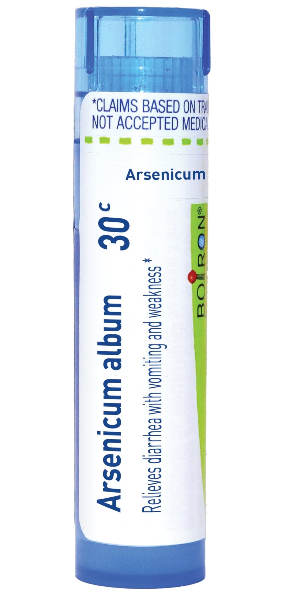 Boiron Arsenicum Album 30C pellets in a dispensing tube for on-the-go use.