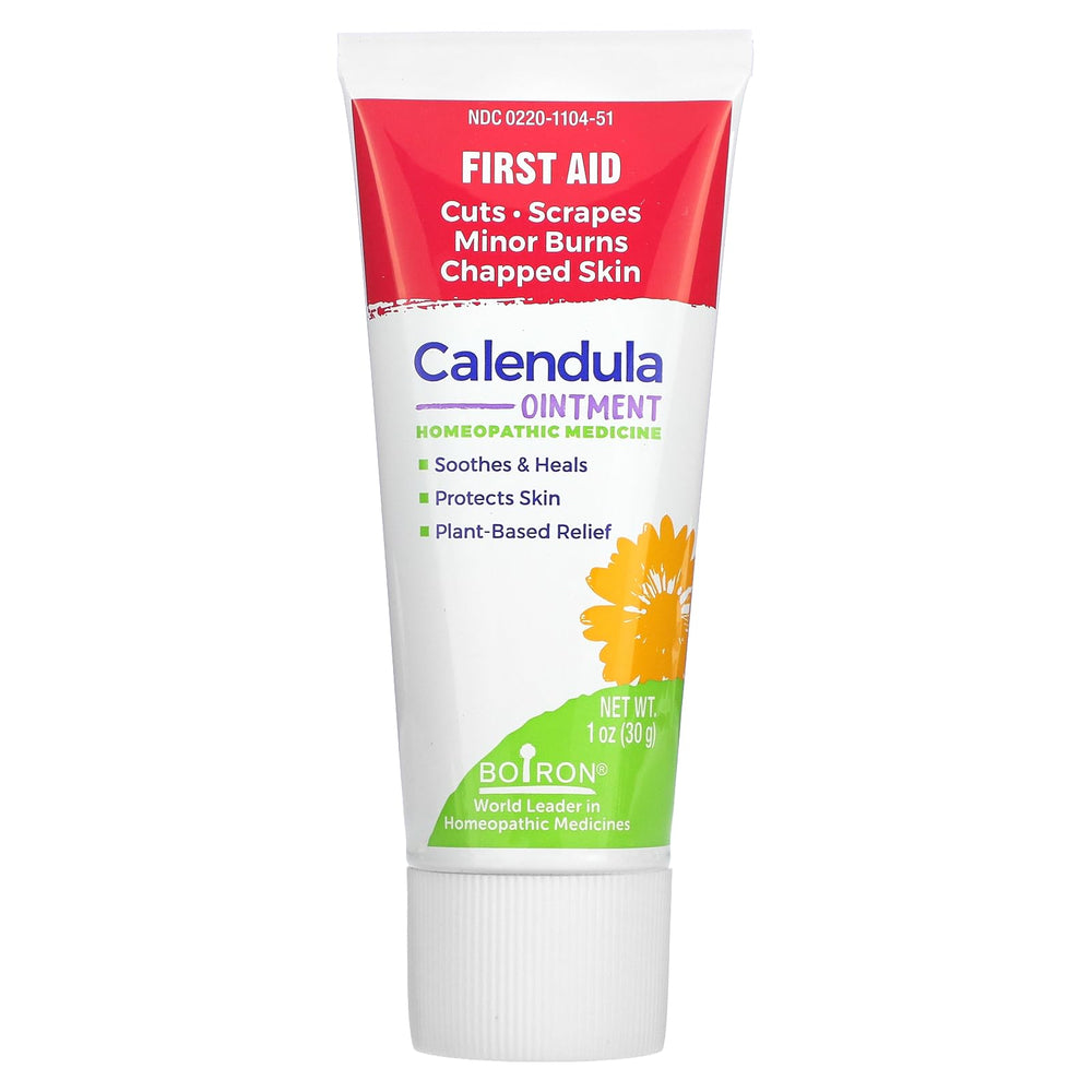 Boiron Calendula Ointment packaging and 1 oz jar for convenient first aid use.