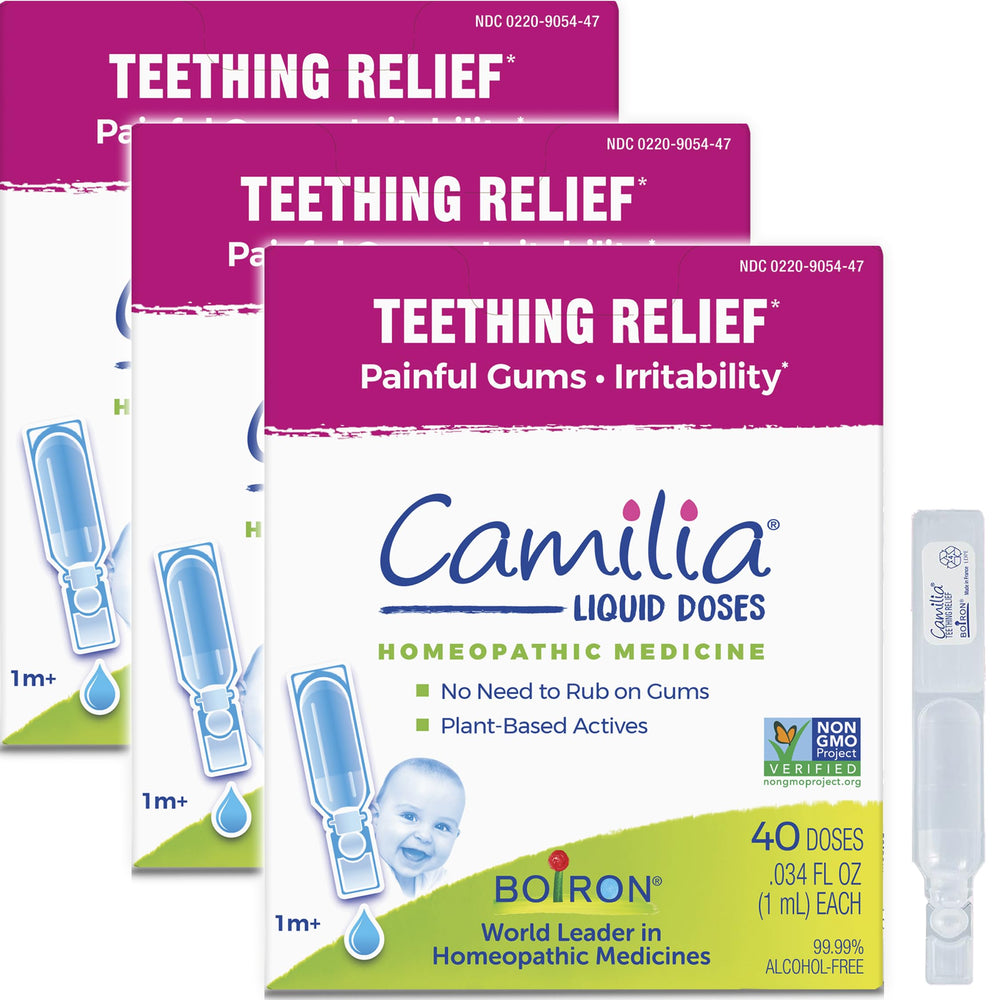 Boiron Camilia Drops packaging box showing easy dosing for babies