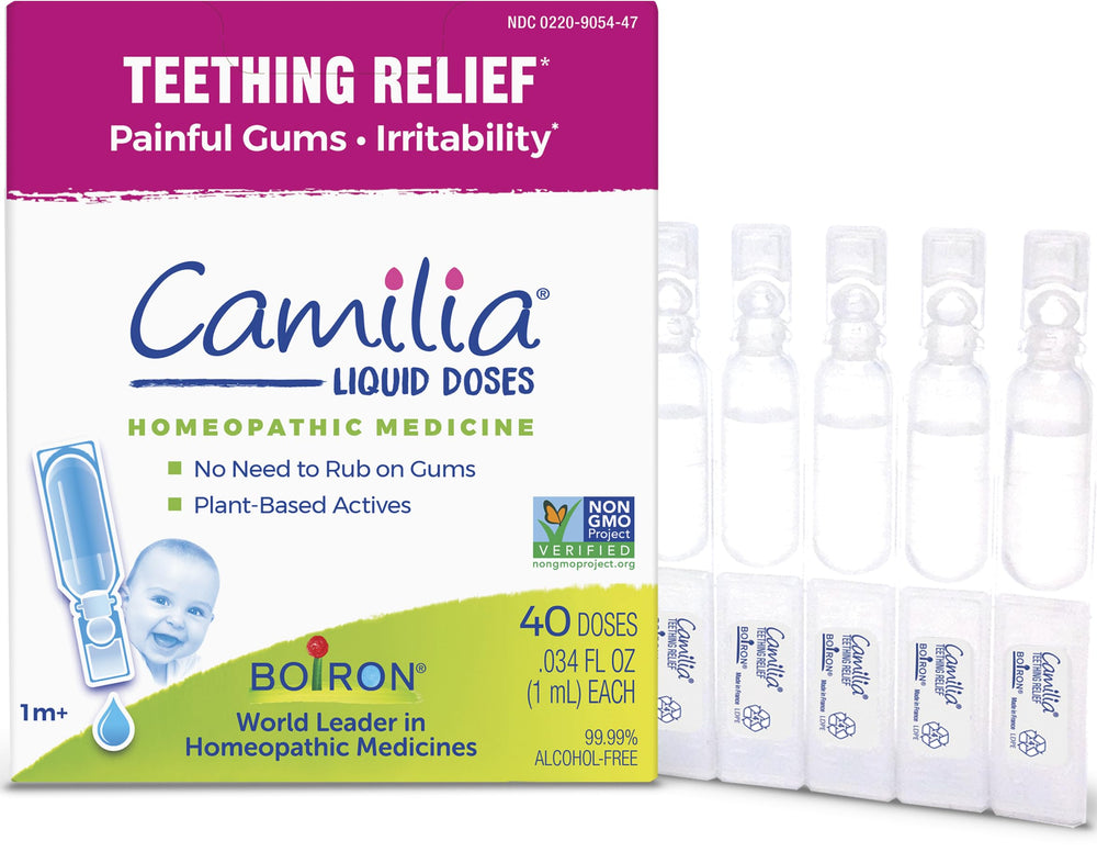 Boiron Camilia teething drops with a pre-measured dose for easy administration.