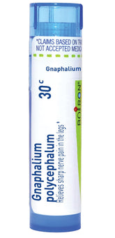 Boiron Gnaphalium Polycephalum pellets in a tube for on-the-go relief.