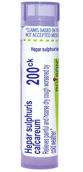 Boiron Hepar Sulphuris Calcareum pellets bottle for quick, convenient cough relief on the go.