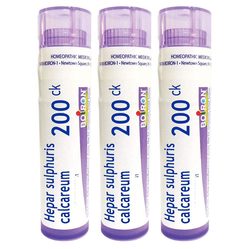 Boiron Hepar Sulphuris Calcareum 200CK pellets in tubes for easy dosing and transport.