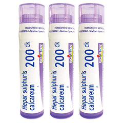 Boiron Hepar Sulphuris Calcareum 200CK pellets in tubes for easy dosing and transport.