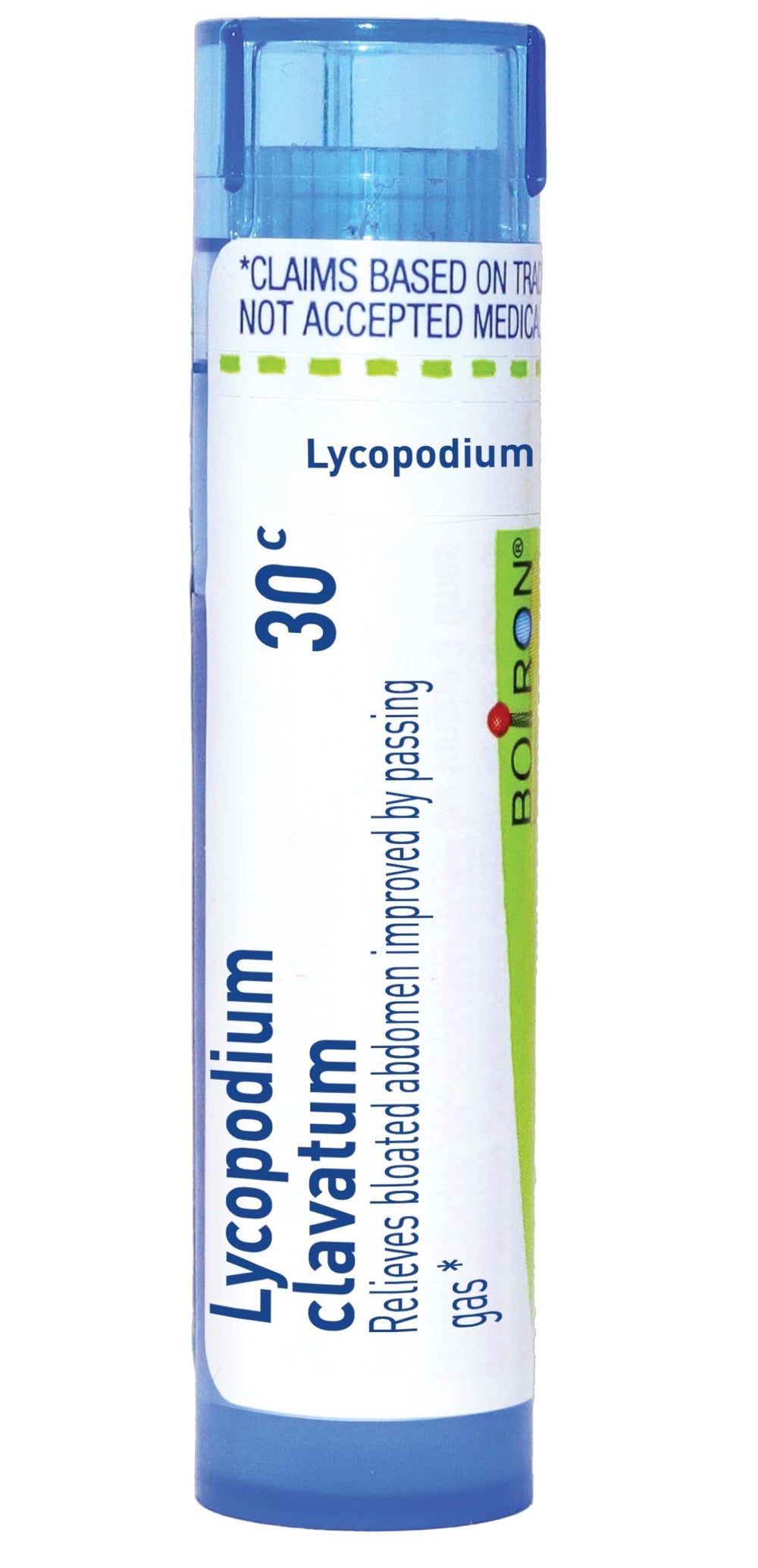 Boiron Lycopodium Clavatum 30C pellets in a compact tube for targeted bloating relief.