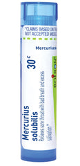 Boiron Mercurius Solubilis 30C tube close-up with pellets for on-the-go relief.