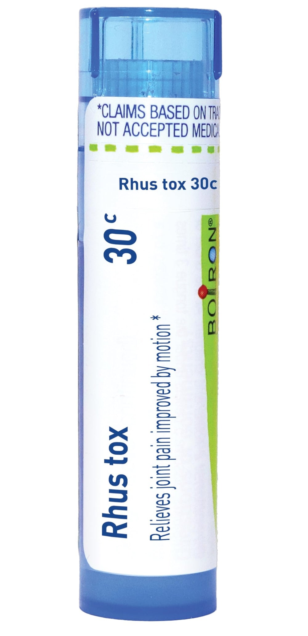 Boiron Rhus Toxicodendron 30C pellets in a dispensing tube for easy use.