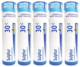 Boiron Sulphur 30C 80-pellet tube close-up for natural skin support.