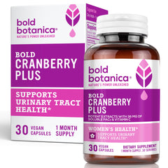 Bold Botanica Bold Cranberry Plus bottle front, vegan capsules for urinary support.