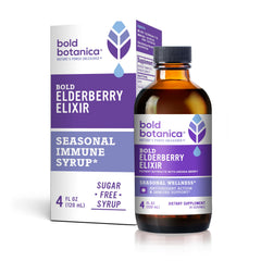 Bold Botanica Elderberry Elixir bottle pour demonstrates convenient immune-support option.