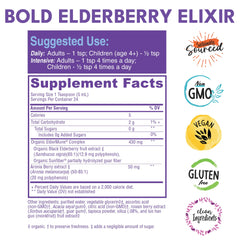 Bold Botanica Elderberry Elixir label highlights vegan, non-GMO, gluten-free ingredients.