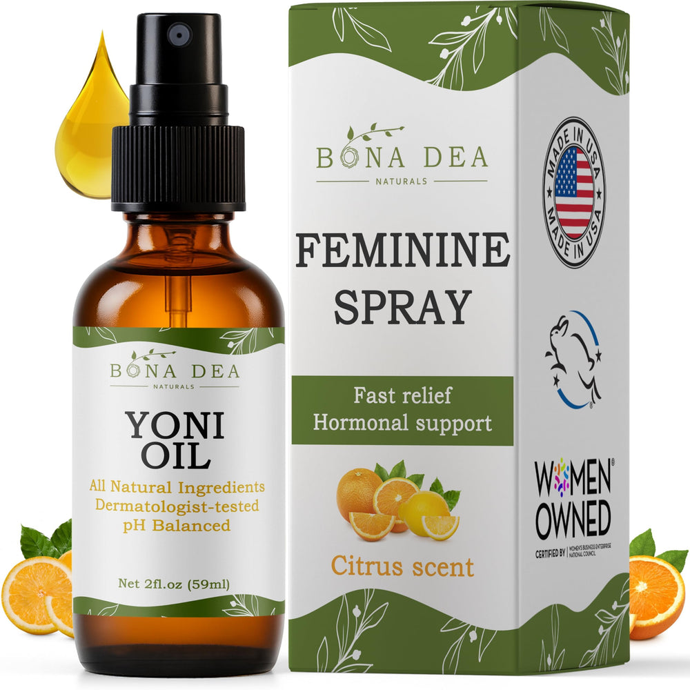 Bona Dea Naturals Feminine Spray bottle shows a gentle, chemical-free option for sensitive skin