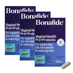Bonafide Clairvee bottle showing convenient daily probiotic support for vaginal balance.