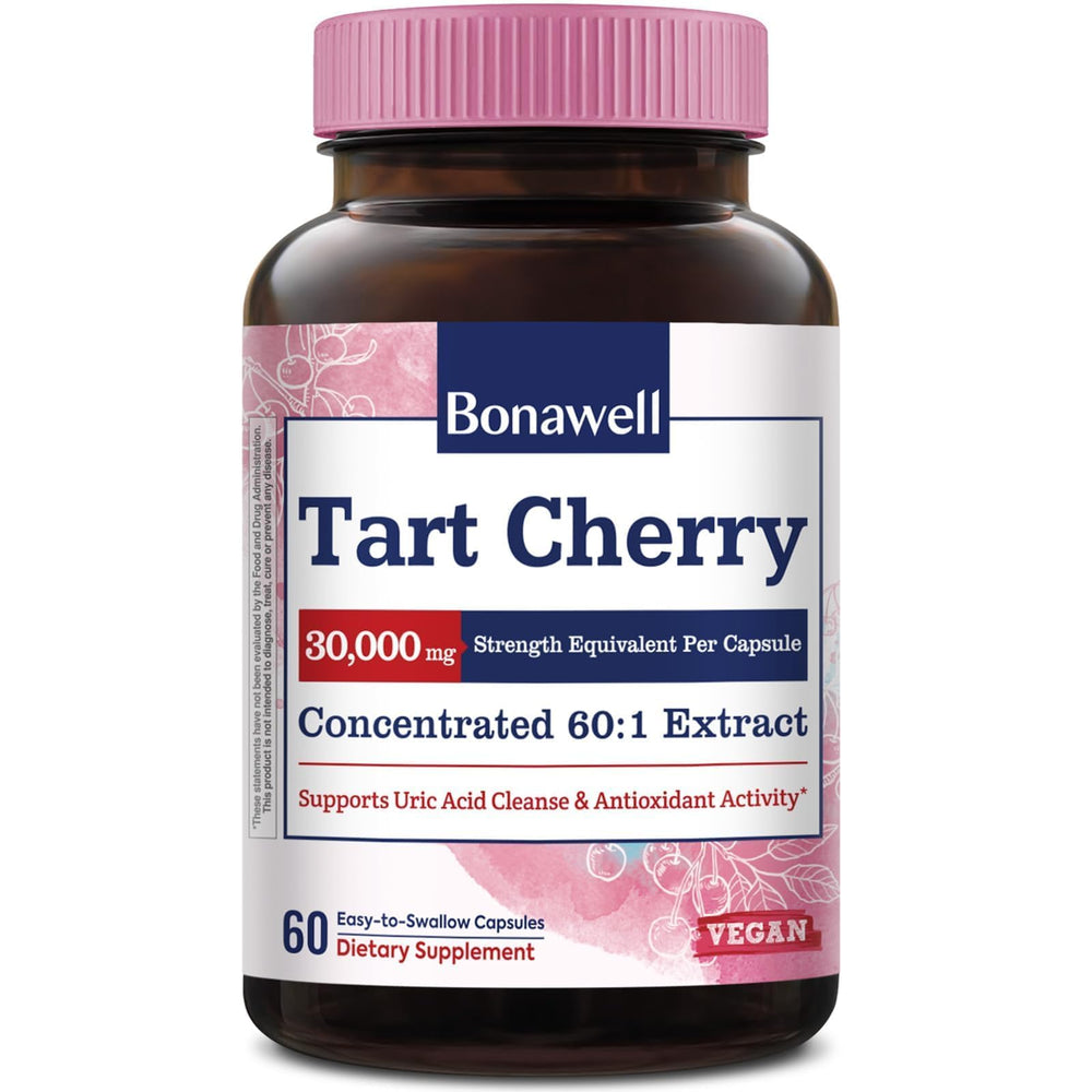 Bonawell Tart Cherry Capsules bottle highlights 60:1 extract for daily use