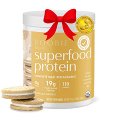 Boobie Body Vanilla Cookie tub highlights 19g plant-based protein