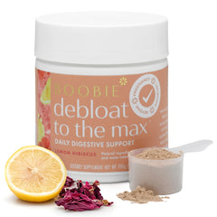 Boobie Brands Debloat to the Max lemon hibiscus powder in tub for gut relief.