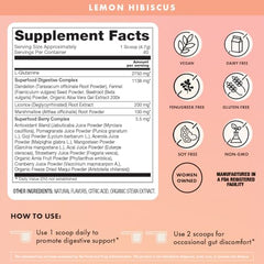 Pouring lemon hibiscus powder into water for fast bloating relief.