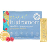 Boobie Hydromom blue raspberry lemonade powder being poured for hydration on the go.