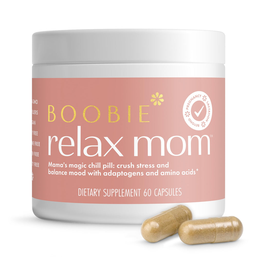 Boobie Relax Mom bottle with capsules for calm, daytime focus.