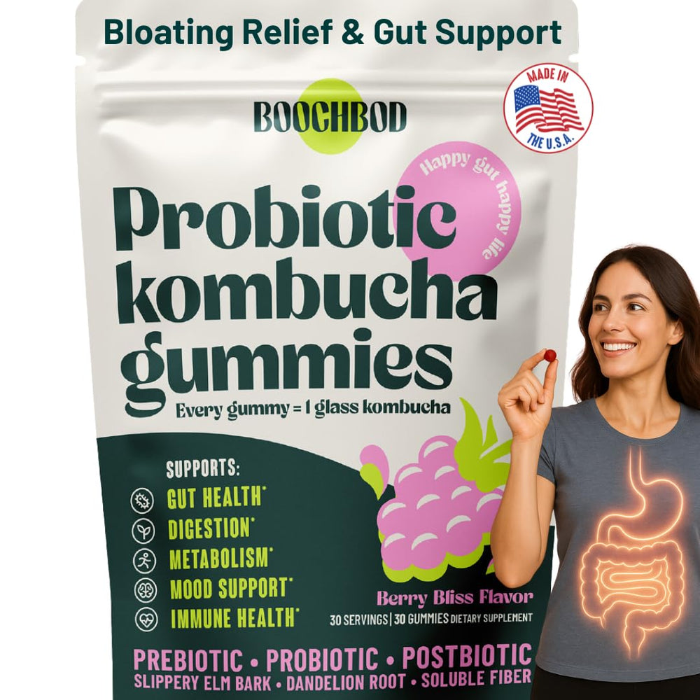 BoochBod probiotic gummies bottle supports on-the-go gut health.