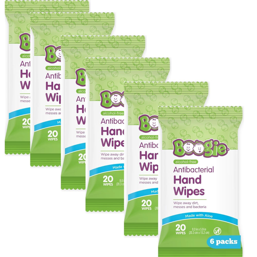 Boogie antibacterial hand wipes six-pack display for convenient on-the-go hygiene.