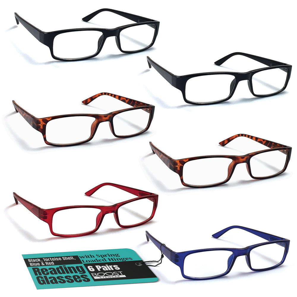 Boost Eyewear six black reading glasses for everyday reading tasks.