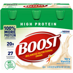 Boost High Protein vanilla drink glass showing rich flavor and muscle-supporting protein.