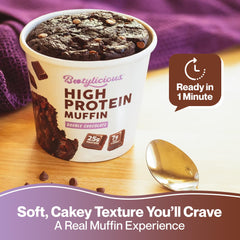 Bootylicious muffin with semi-sweet chips close-up, chocolatey texture for indulgence.