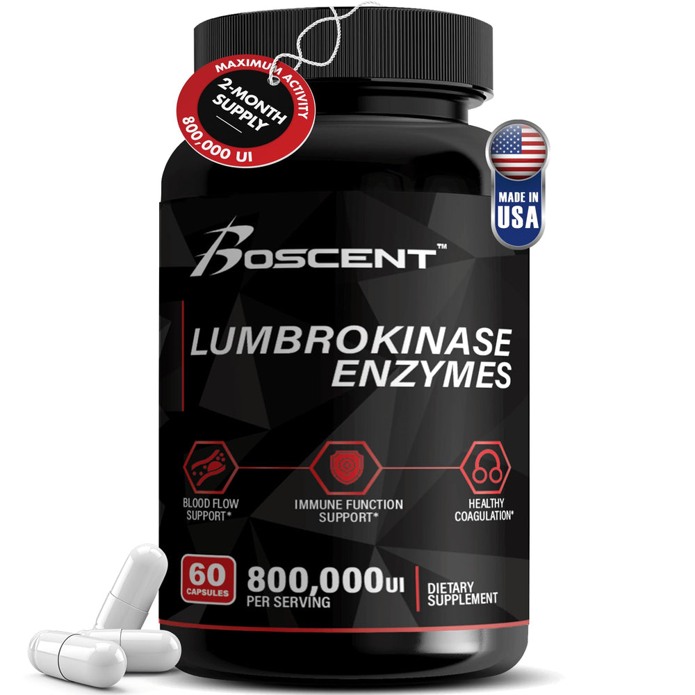 BOSCENT Lumbrokinase 40mg bottle indicating purity and potential circulatory support.