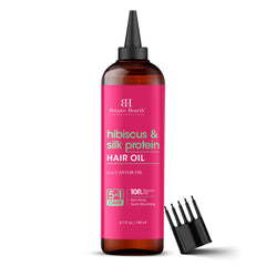 Botanic Hearth hibiscus silk protein oil bottle highlighting growth and shine