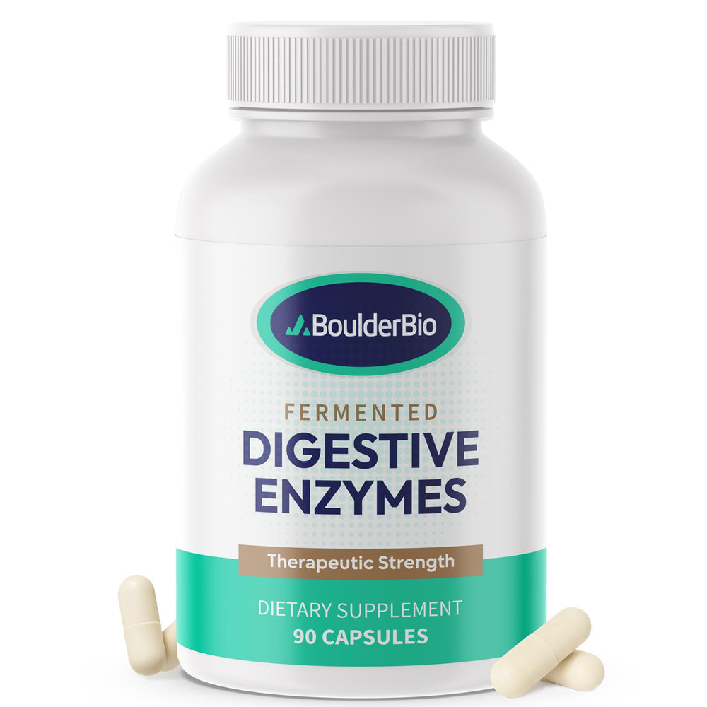 Boulder Bio Digestive Enzymes bottle label showing potency for fat digestion.