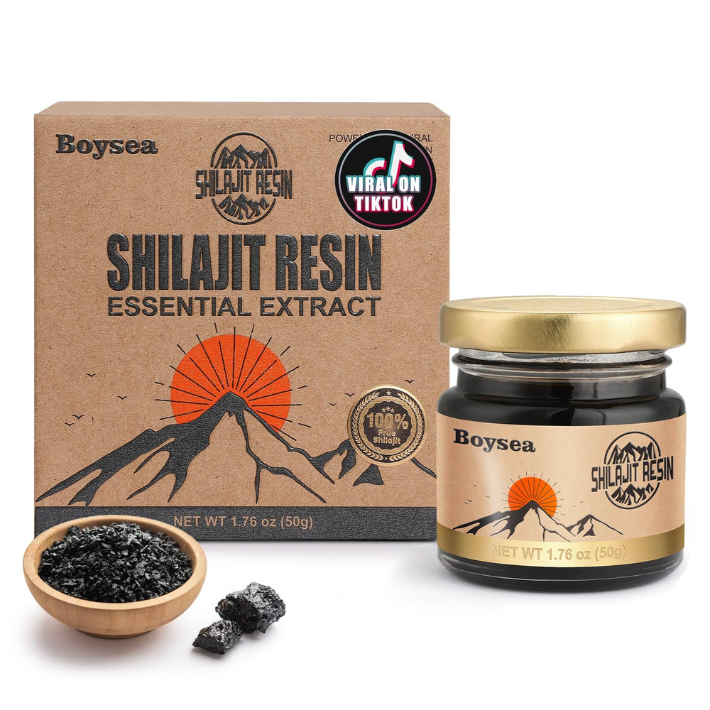 Boysea Shilajit resin 600mg closeup highlights purity for daily wellness.
