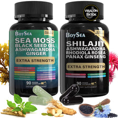 Boysea Shilajit and Sea Moss bundle bottle highlights energy support and daily vitality.