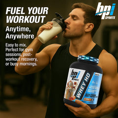 BPI Sports Whey HD chocolate cookie powder close-up highlighting premium protein blend.