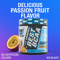 Close-up of the Passion Fruit BPI Best BCAA tub beside a glass for hydration.