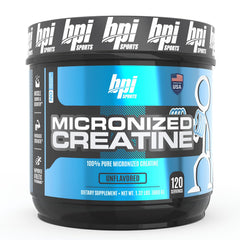 BPI Sports Micronized Creatine bottle front view showing strength support and clean label.