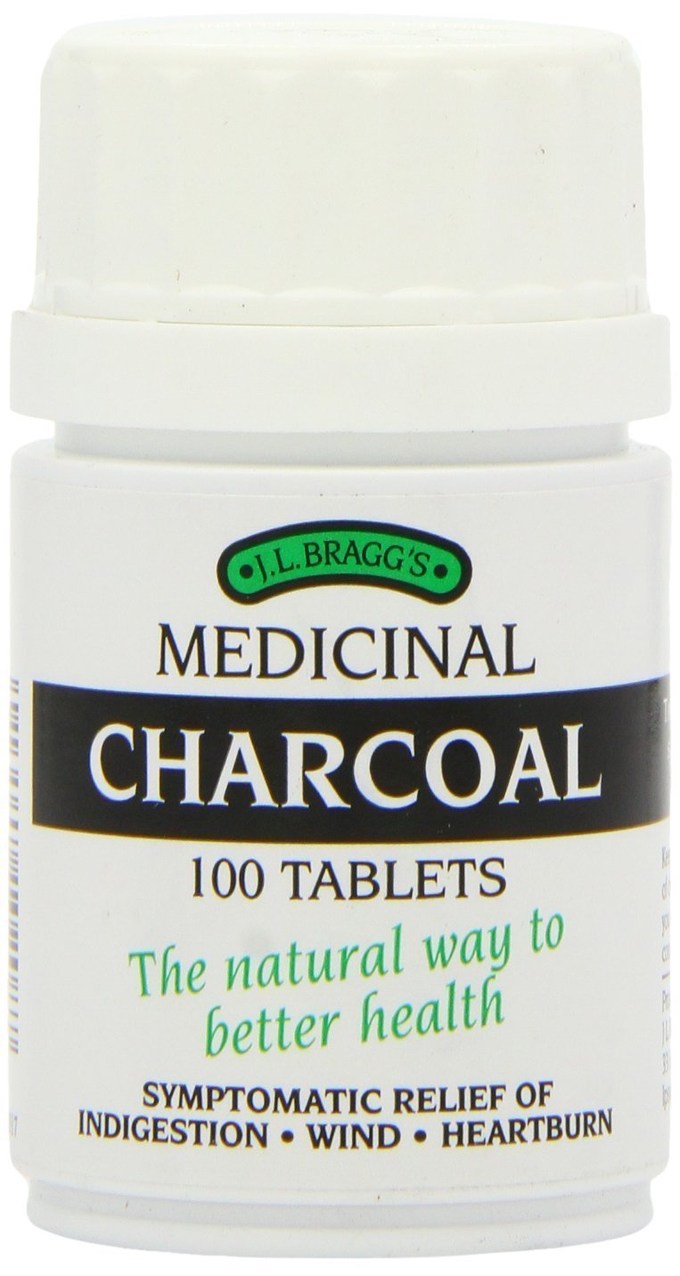 Bragg Charcoal 300mg 100 tablets pack shot for digestive support and natural detox.