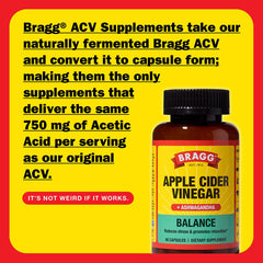Bragg Daily Balance capsules close-up emphasizing ACV blend and ashwagandha.
